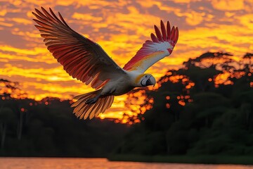 Obraz premium Majestic yellow-and-red macaw in flight against a vibrant sunset backdrop. A breathtaking avian spectacle at golden hour.