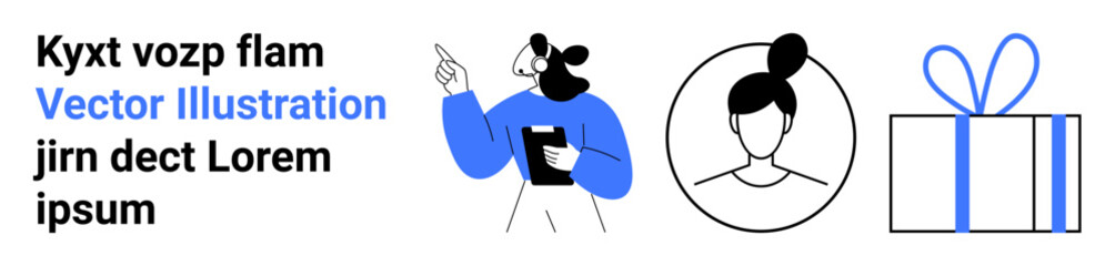 Person holding a clipboard pointing upwards, face inside a circular frame, and a gift box with a blue ribbon. Ideal for presentations, websites, marketing, user guides, tutorials, festive themes