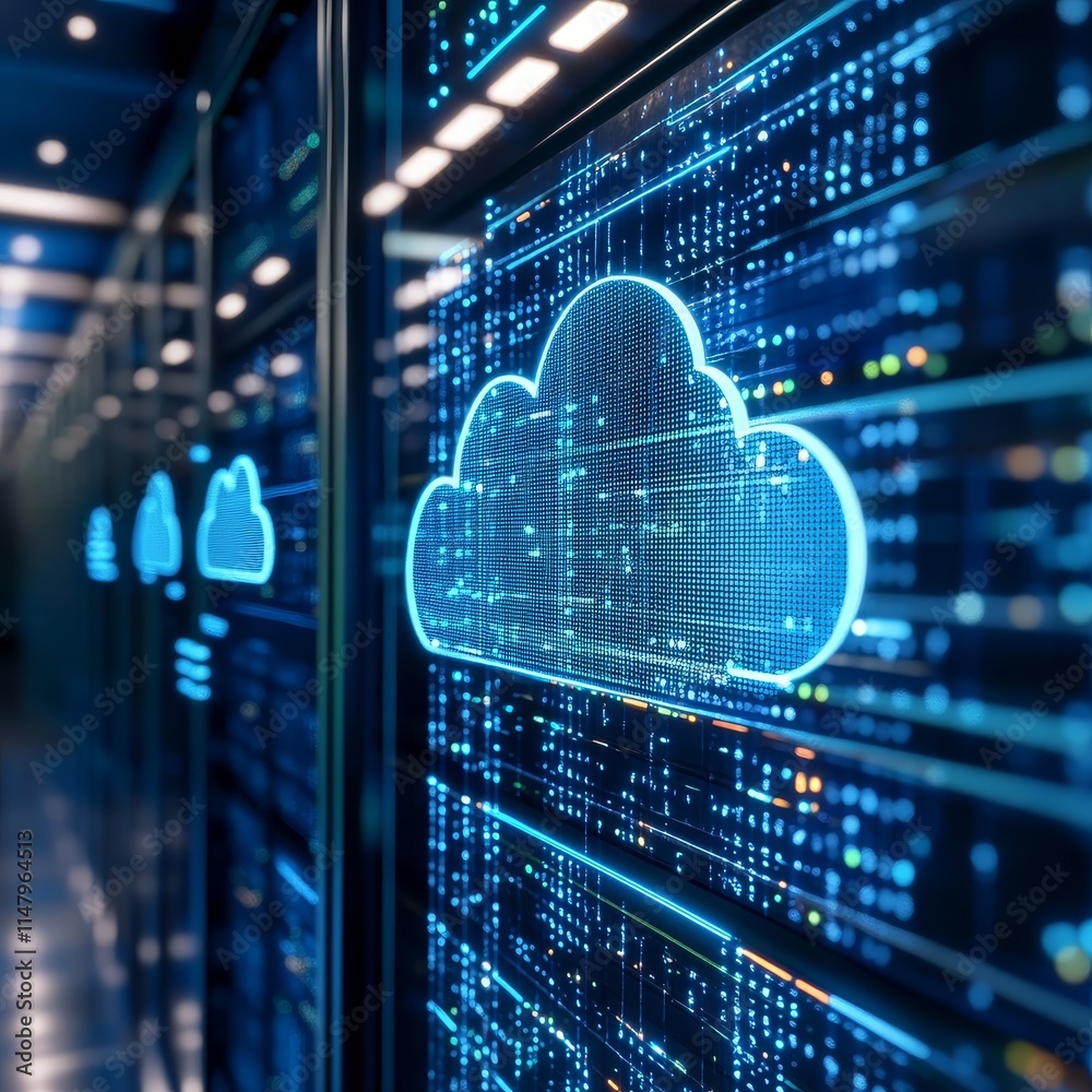 Aufkleber digital cloud storage technology represented by glowing graphics in a modern data center with rows o