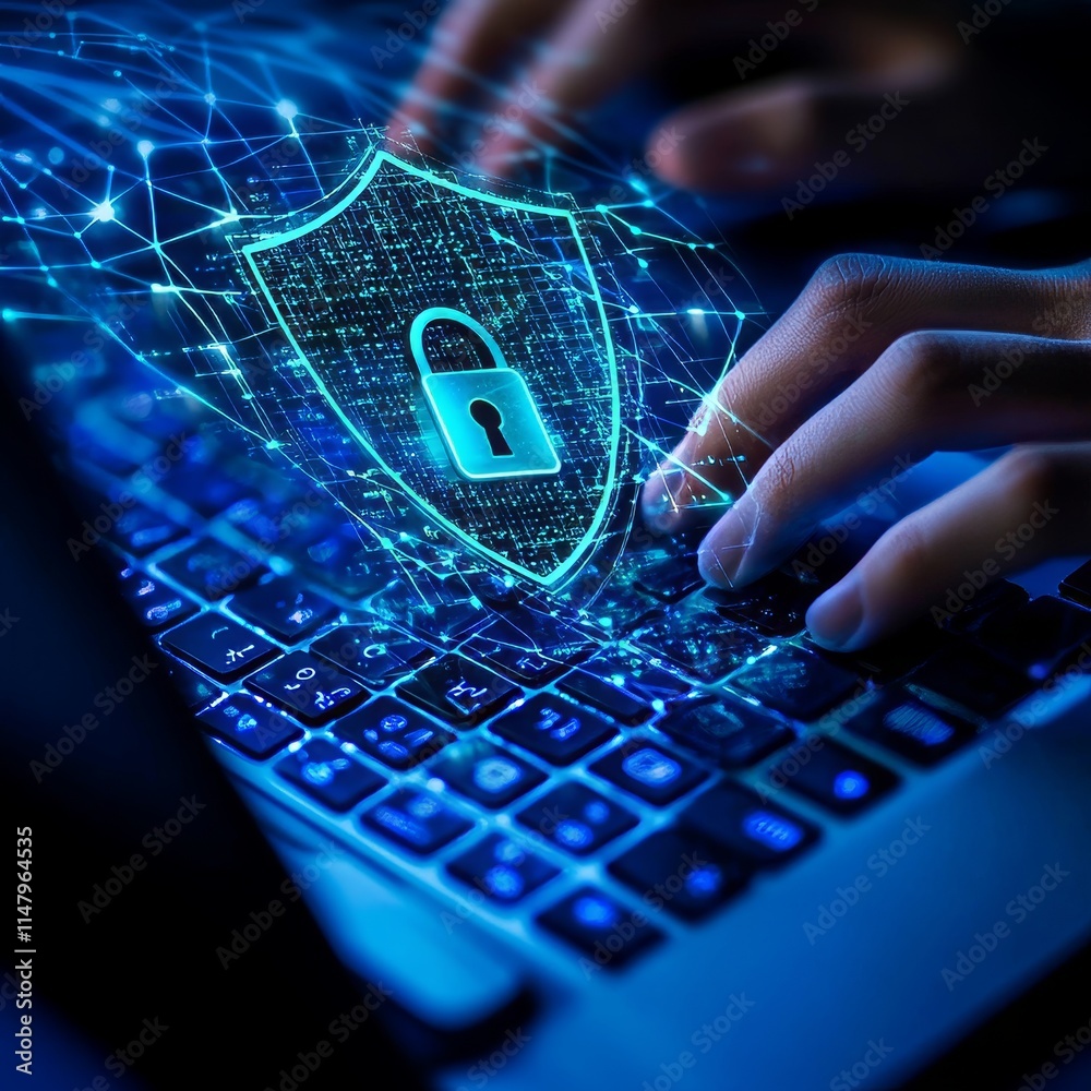 Poster digital security concept showcasing a virtual lock over a keyboard with glowing data lines in a tech