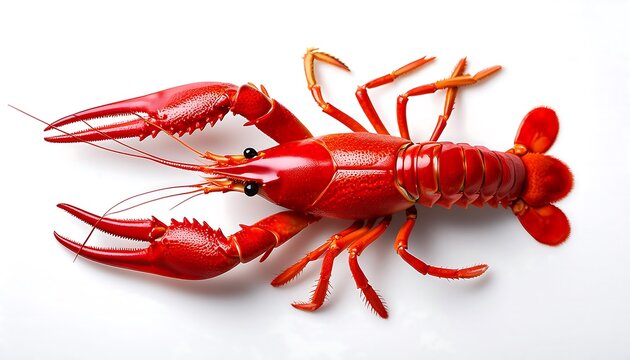 A single cooked, bright red crawfish is positioned lengthwise on a white background