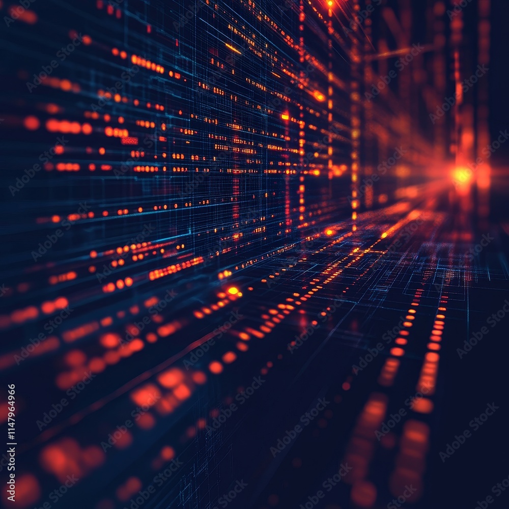 Poster Digital Data Streams Flow Through a Vibrant Network Grid Illuminated by Orange and Blue Lights in a Futuristic Visualization of Technology and Information Processing