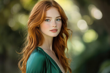 Naklejka premium A captivating portrait of a young woman with vibrant red hair and freckles, wearing a green dress.