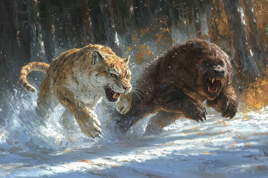 Saber-toothed cat and short-faced bear confrontation in snowy forest.  Epic prehistoric wildlife battle.