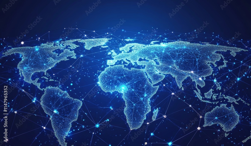 Poster digital representation of the world map highlighting global connectivity through technology and data