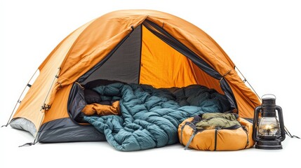 A cozy orange camping tent with sleeping bags and a lantern inside for adventure seekers.