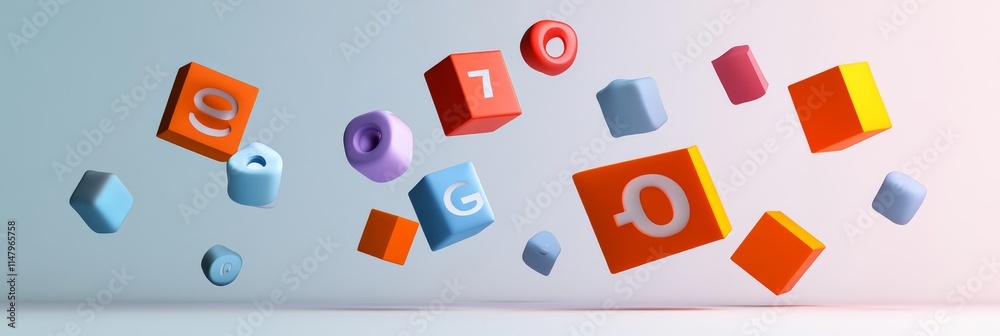 Poster colorful floating blocks with numbers and shapes creating a playful and dynamic visual display in a 