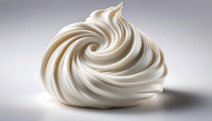 A swirl of white whipped cream stands against a plain white background