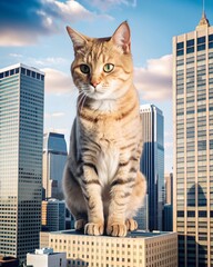 Obraz premium Giant cat in city. Enormous fluffy cat above sprawling cityscape. A giant pet lies on the roads among high-rises, cars crash into it