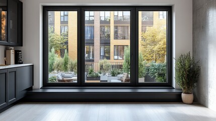 Fototapeta premium Modern kitchen view with large windows showcasing a vibrant outdoor garden.
