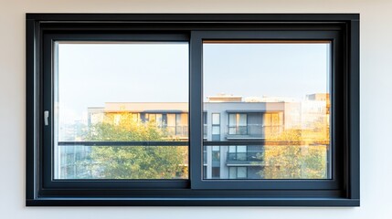 Modern window showcasing urban architecture and scenic views of city life.