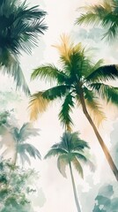 A beautiful painting of palm trees with a blue sky in the background. The trees are lush and green, with their leaves reaching up towards the sky
