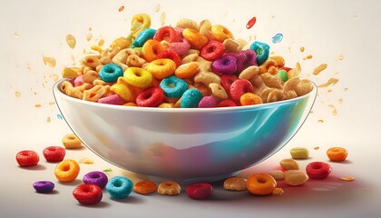 A white bowl is filled to the brim with colorful, fruity cereal pieces on a white background.
