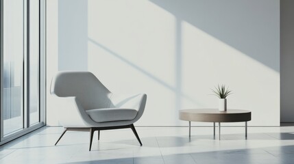 Minimalist modern lounge with sleek, spacious design. Featuring clean lines and muted colors