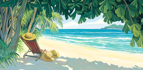 Tranquil Beach Scene: Idyllic Tropical Getaway with Lounge Chair and Hats Under Lush Palm Tree Shade