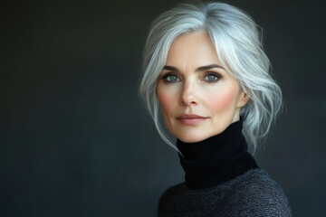 A portrait of a mature woman with elegant silver hair, wearing a black turtleneck. © prophoto