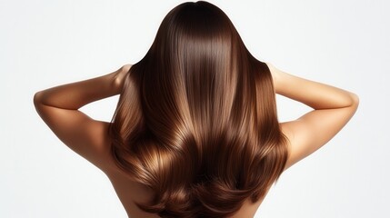 Naklejka premium Beautiful model girl with Brown hair strand,silky healthy chestnut wavy hair strand,hair wavy ribbon, with smooth,Keratin straightening,Treatment,straight long hair,procedures,Smooth hairstyle.