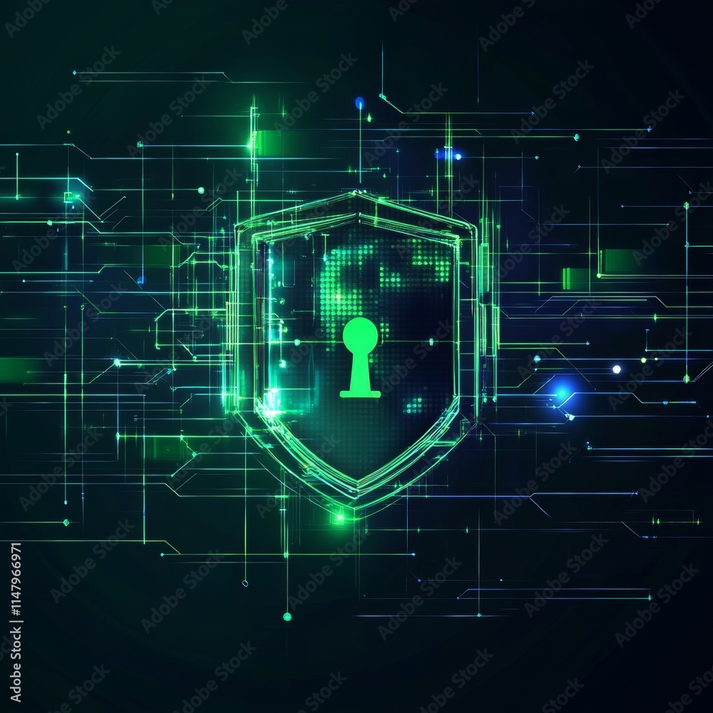 Poster digital shield symbol representing cybersecurity in a high-tech environment with glowing animations 