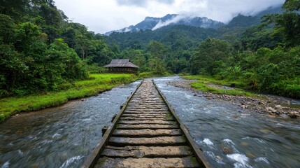 Serene River Crossing in Lush Green Forest with Mountain View