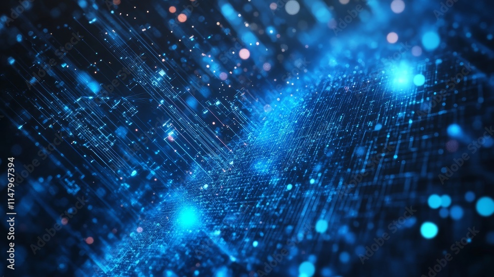 Poster motion of blue digital particles creating a vibrant abstract background in a futuristic setting for 
