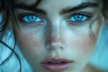 Close-up portrait of a young woman with striking blue eyes and freckles, ethereal beauty.