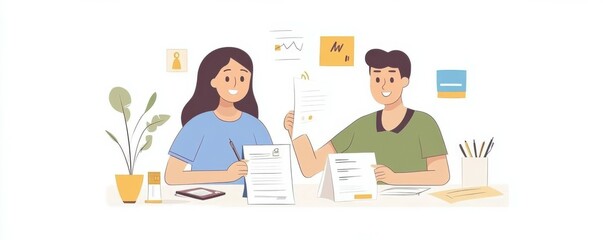 Fototapeta premium Happy family couple managing household budget, planning investment, analyzing paper utility bills, making payments and fill application forms together