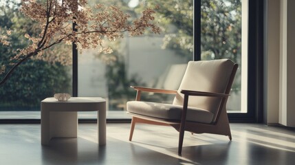 Fototapeta premium Minimalist modern lounge with sleek, spacious design. Featuring clean lines and muted colors