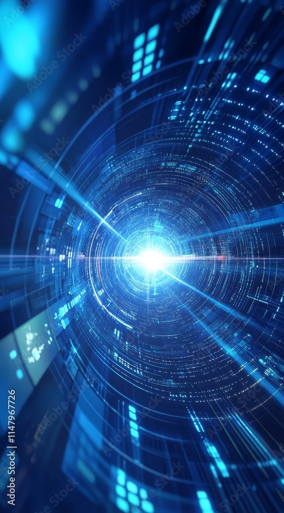 Poster light vortex in a futuristic digital environment with dynamic blue patterns and glowing elements rep