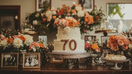 A charming vintage-themed birthday is in full swing, featuring a stunning cake adorned with flowers and the number 70 prominently displayed. Decorative frames capture precious memories