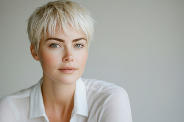 Fototapeta premium Portrait of a young woman with short, blonde hair, wearing a white shirt. Her expression is calm and serene.
