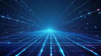 Visual Representation of Futuristic Technology Illustrating Lines of Light Moving Towards a Central Blue Point in a Dark Space Background at Night