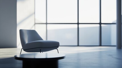 Minimalist modern lounge with sleek, spacious design. Featuring clean lines and muted colors