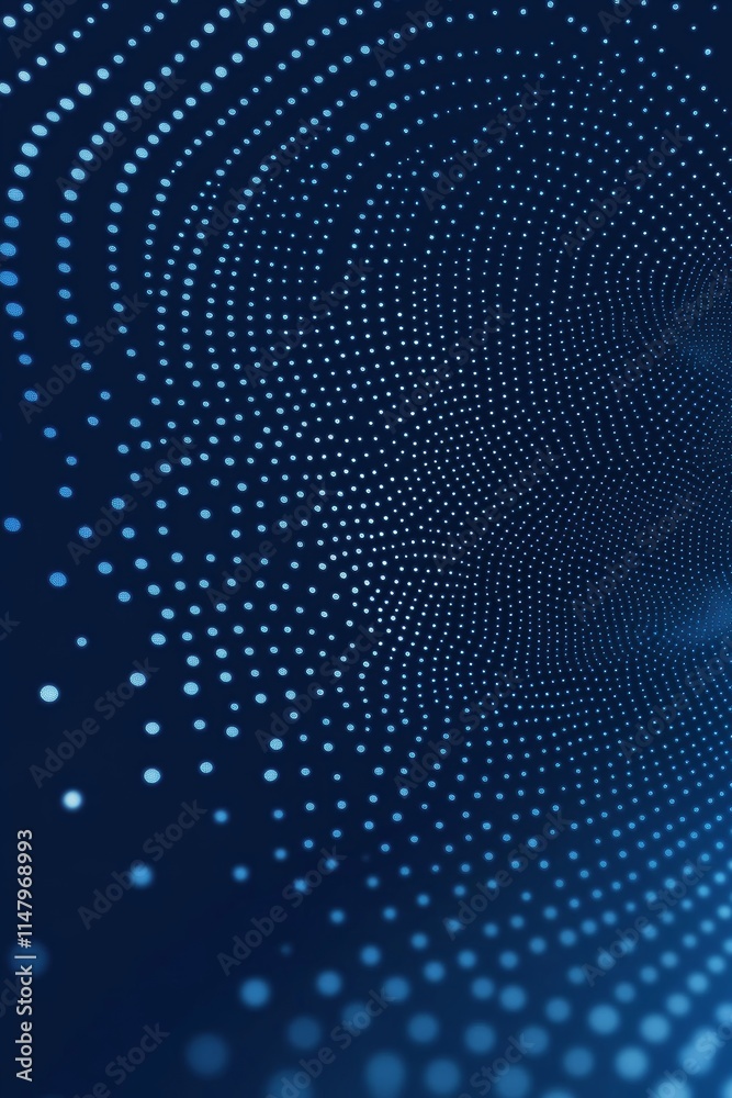 Poster digital pattern of blue dots creating a wave-like structure in a dark background illustrating techno