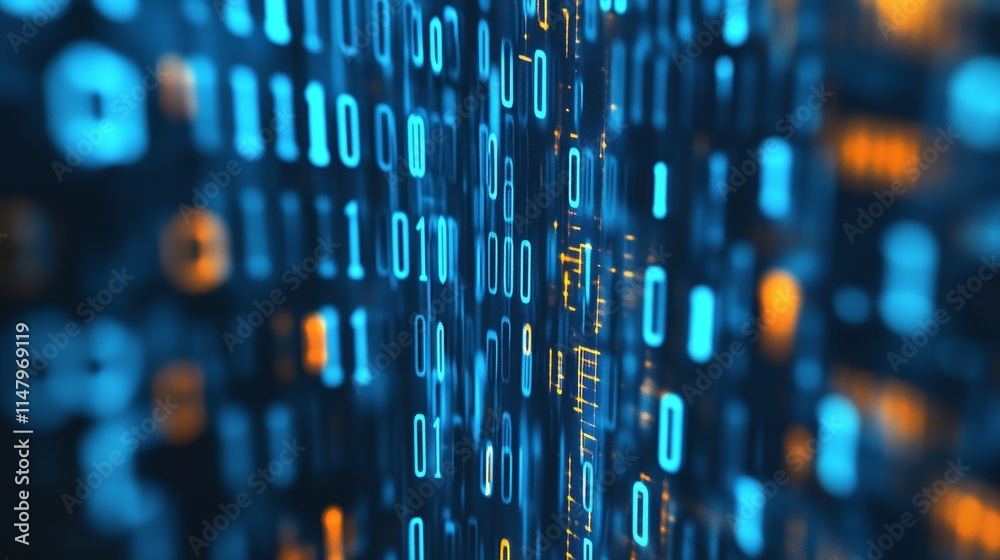 Poster digital data streams flow through a cyber environment with glowing binary code representing advanced