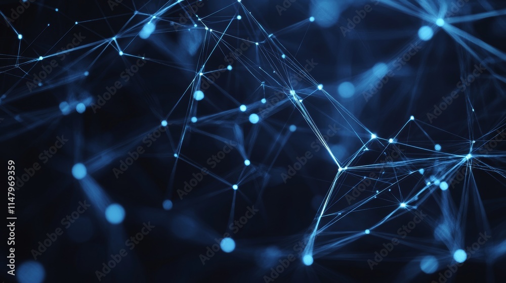 Poster abstract representation of interconnected lines and nodes in a digital network with shades of blue i