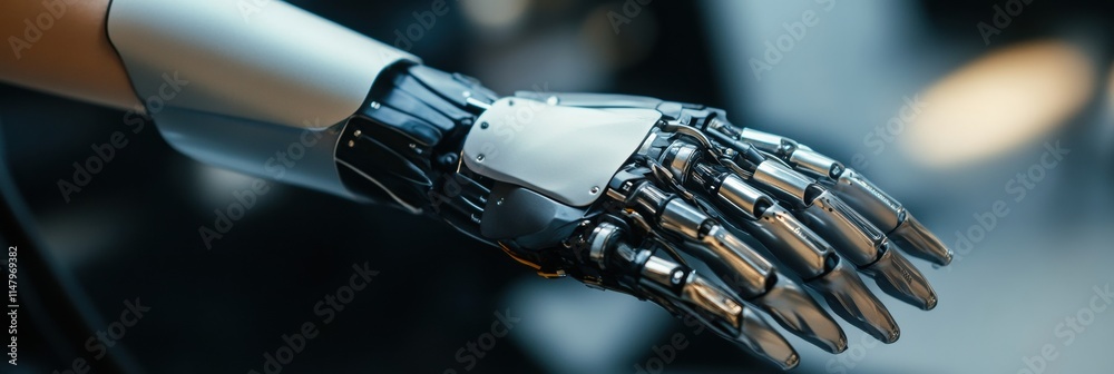 Poster Prosthetic arm demonstrating advanced technology in functional use with clear surroundings. Generative AI
