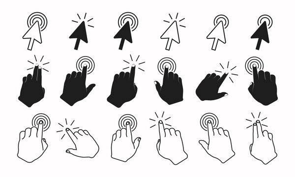 Set of hand and arow cursor pointer symbol in flat style.computer mouse click icon.vector illustration