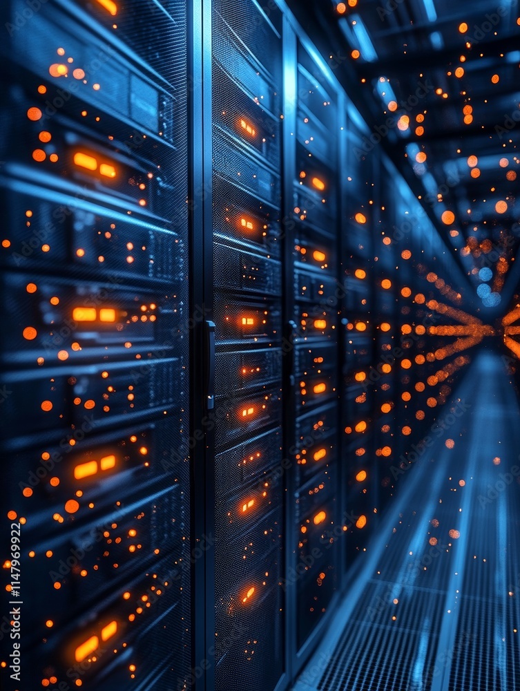 Poster vibrant server room illuminated by glowing lights during a busy data processing session in a modern 