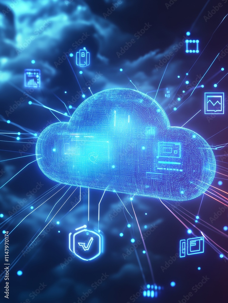 Poster digital cloud technology with various data connections in a futuristic concept depicting artificial 
