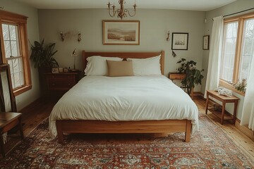 Cozy and Inviting Bedroom with Natural Light, Wooden Furniture, and Elegant Decor, Perfect for Relaxation and Comfort in a Contemporary Home Setting