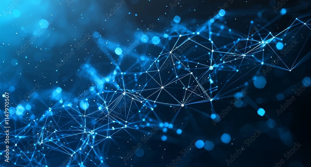 Poster digital network connections with glowing blue lines and points amid a dark background representing t