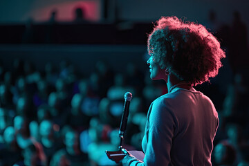 Woman giving a TEDx talk on creativity