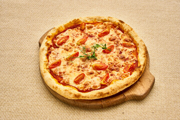 A pizza with cheese and tomatoes on top