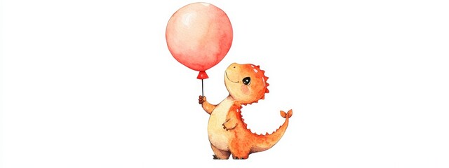 Cute Dinosaur Holding a Balloon in Watercolor Style, Perfect for Children's Themes and Illustrations