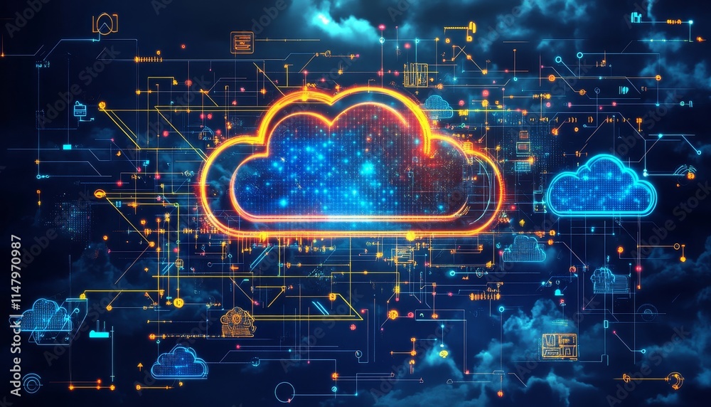 Poster digital representation of cloud computing technology with abstract network connections and data icon