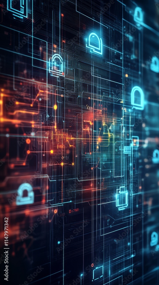 Poster data flow and security symbols create a dynamic visual representation of digital connectivity and cy