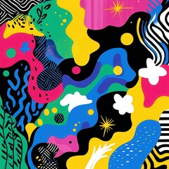 Naklejka premium Colorful starry sky background: shooting stars, constellations, galaxy, milky way. Cosmos art illustration, rough grunge brush strokes, doodle textures.