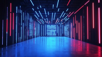 Modern Space Illuminated With Blue and Red Neon Lights Creates a Vibrant, Immersive Atmosphere in a Darkened Setting