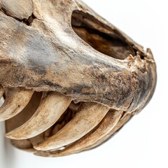 Close-Up Photograph of a Dinosaur Skeleton Showing Detailed Features and Textures of Fossilized Bones