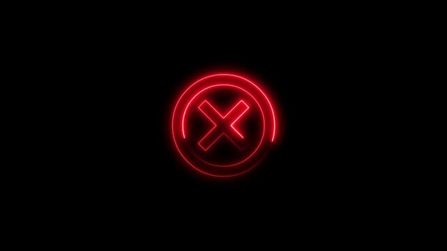Abstract wrong icon neon bright red color animation. Black background 4k video. 